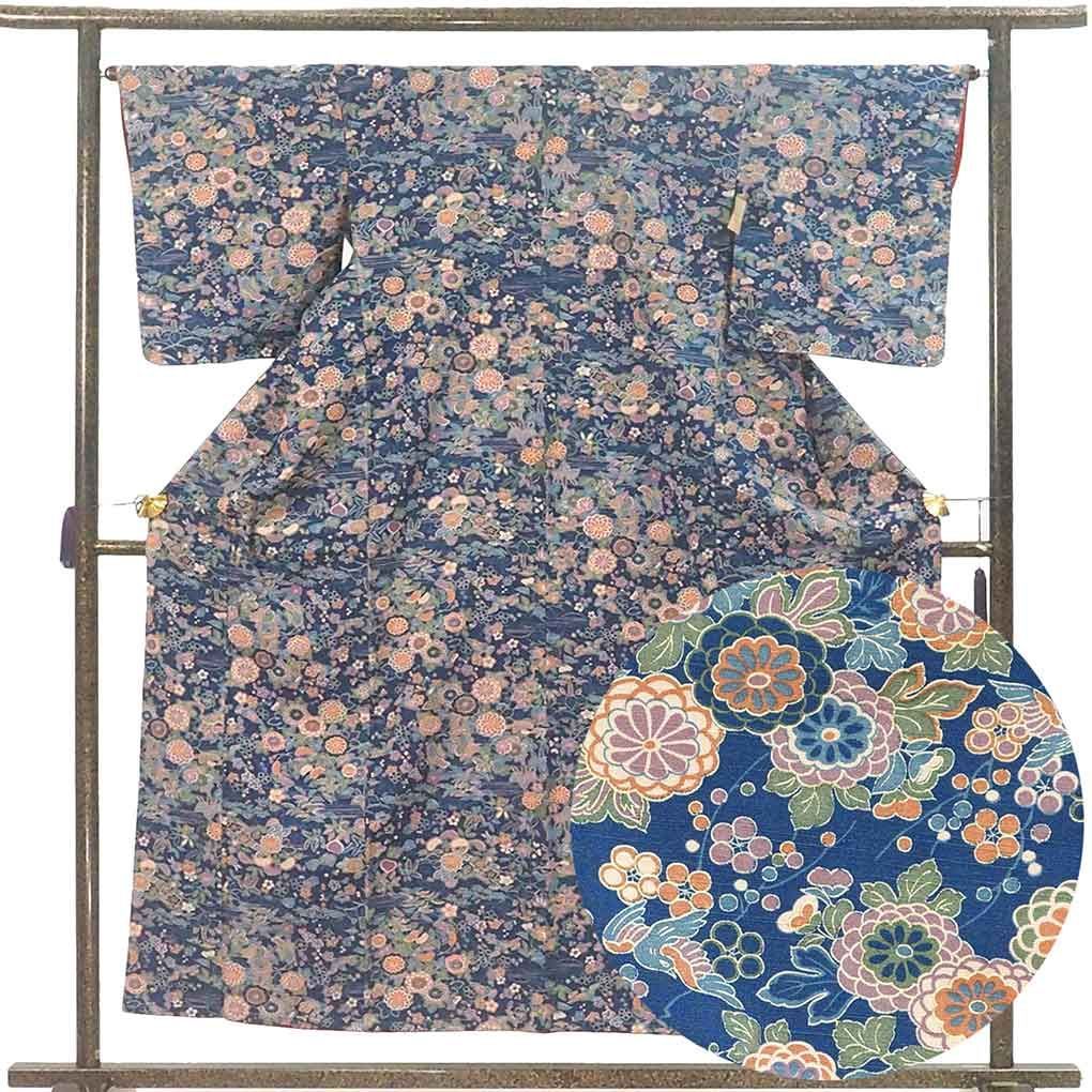 小紋 身丈155 cm 裄65 前幅22 5 後幅29 袖丈49 袖幅33 レディース 袷 花柄 裄Mサイズ 秋冬春用 正絹 シルク ネイビー リメイク リユース リサイクル 呉服のきくや
