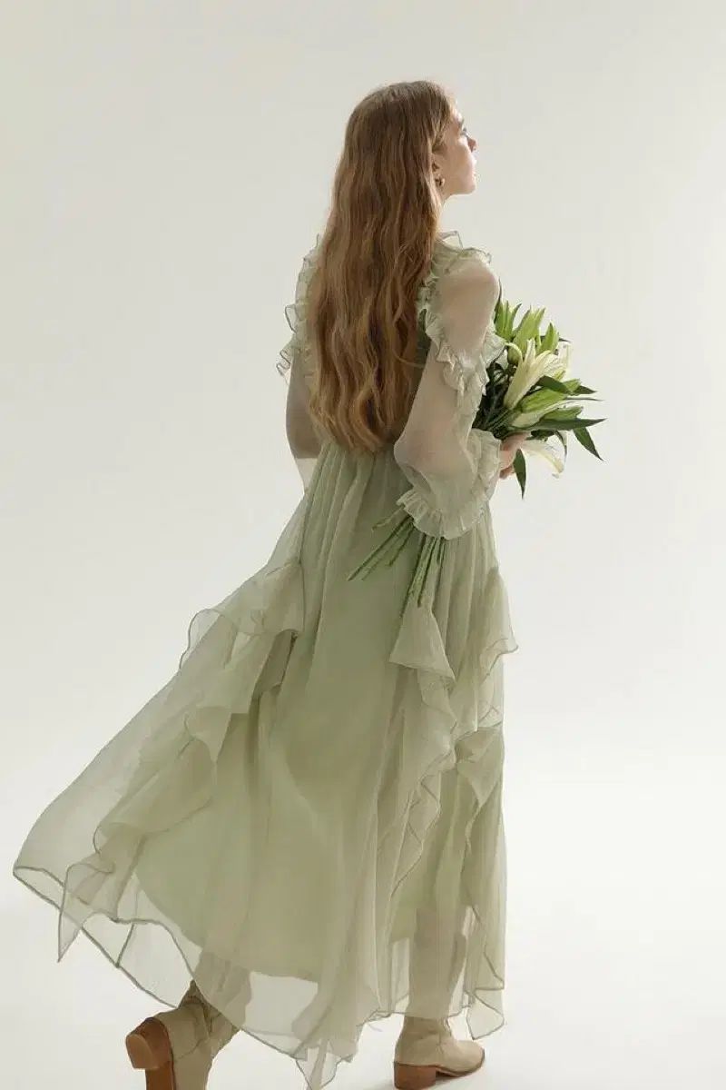 Mサイズ シンスゼン ネイチャー フリル ロング丈ワンピース シフォン