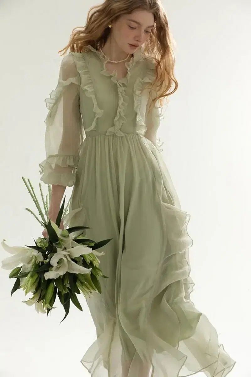  Mサイズ シンスゼン ネイチャー フリル ロング丈ワンピース シフォン 長袖 七分袖 その他