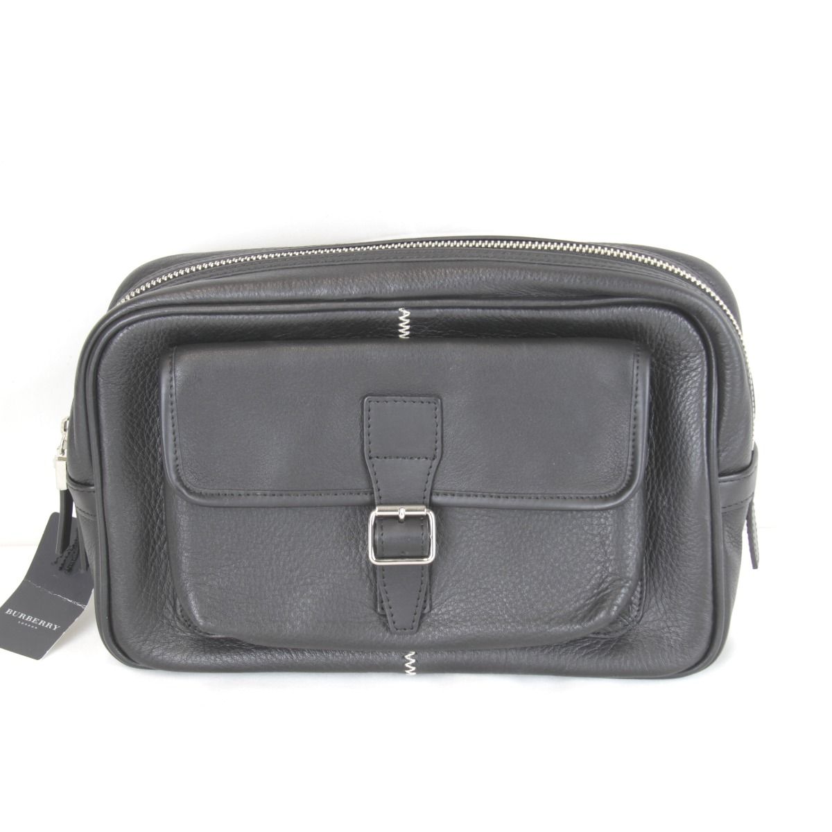 バーバリー ステッチ クラッチバッグ セカンドバッグ レザー コットン ブラック