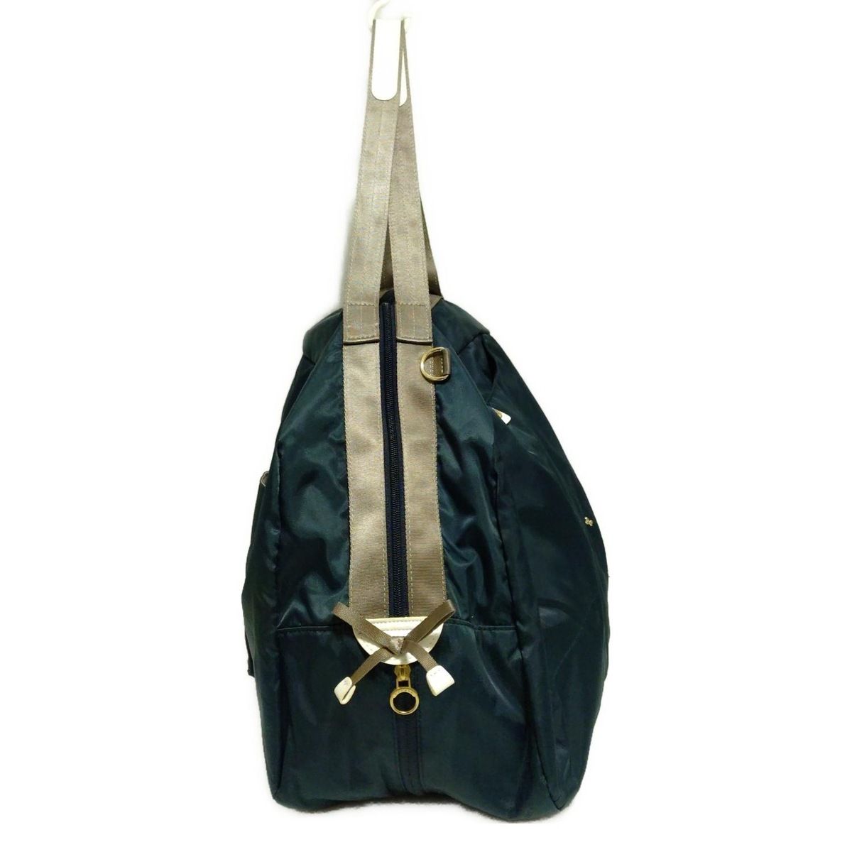 Kanana カナナ ボストンバッグ - ネイビー×グレーベージュ×白 リボン 本体ロックなし レザー