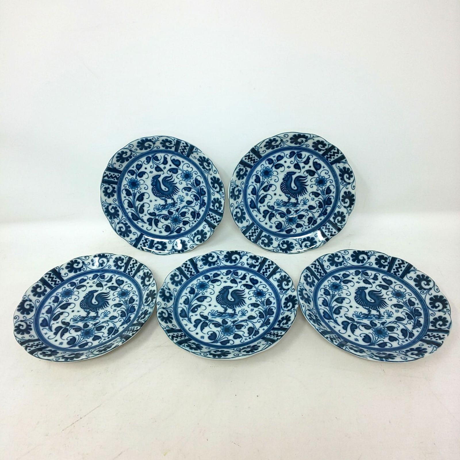 1308F-05 レトロ カップ＆ソーサー ニワトリ 唐草 染付 青 白 花