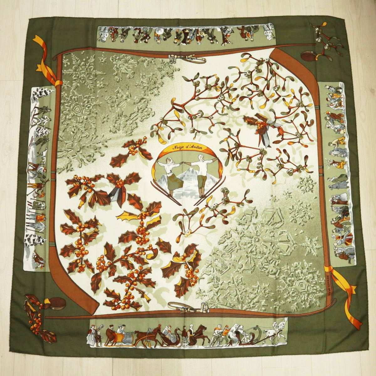 HERMES Neige d Antan エルメス 去年の雪 カレ140 カシミヤ シルク 大判スカーフ ショール グリーン M11-k077