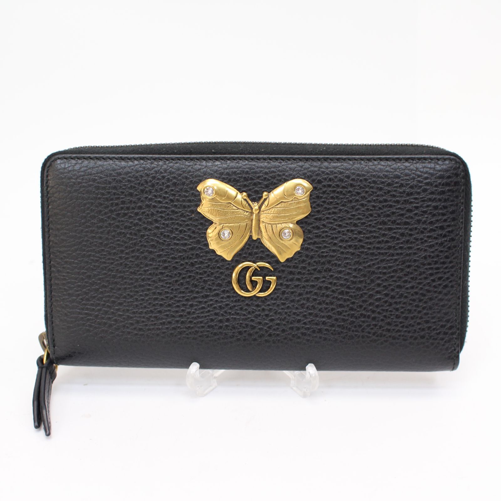 651 GUCCI グッチ GG マーモント ラウンドファスナー 長財布 蝶々 バタフライ チョウ レザー ラインストーン ブラック 黒