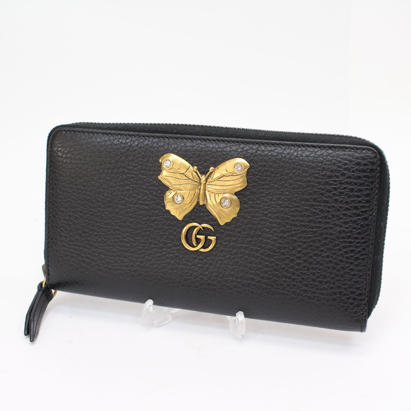 651 GUCCI グッチ GG マーモント ラウンドファスナー 長財布 蝶々 バタフライ チョウ レザー ラインストーン ブラック 黒