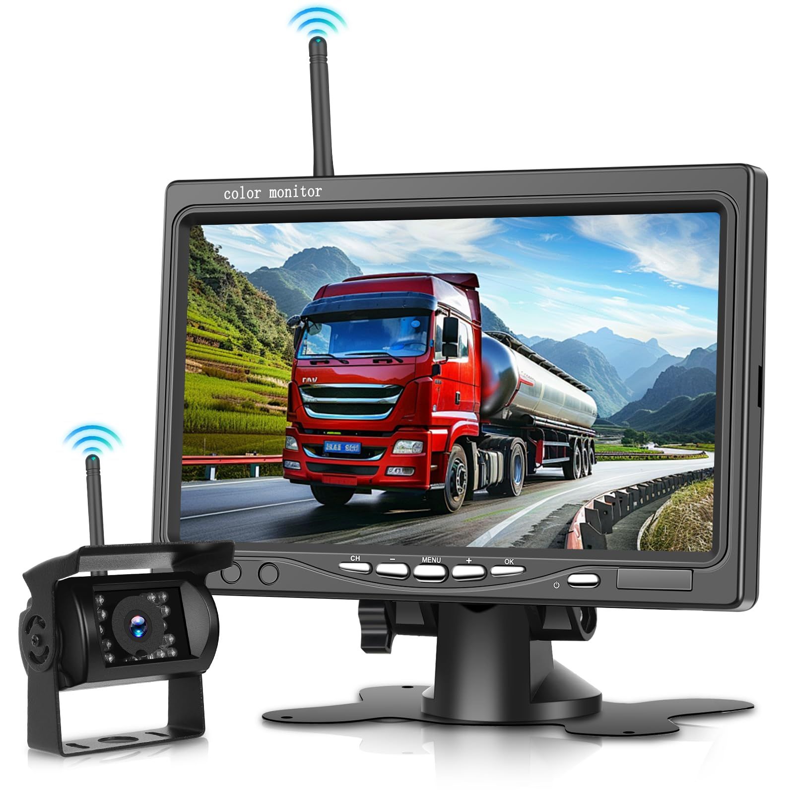 Hodozzyワイヤレスバックアップカメラシステムキット 7インチHDリアビューモニター 死角警報機能付 スーパーナイトビジョン 1080 P IP 68防水ワイヤレスリアビューカメラシステム トラック キャンピングカー バン用 無線式