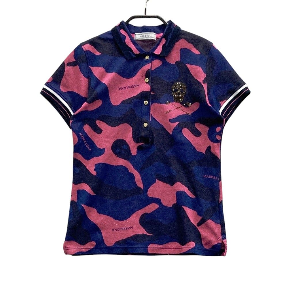 サイズ S MARK LONA マークアンドロナ ストーンスカル 半袖ポロシャツ 迷彩 カモフラ柄 ネイビー系 ゴルフウェア レディース ストスト