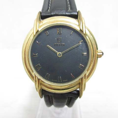 フェンディ FENDI 300J 腕時計 クォーツ 黒文字盤 ゴールド レザーベルト ウォッチ AA