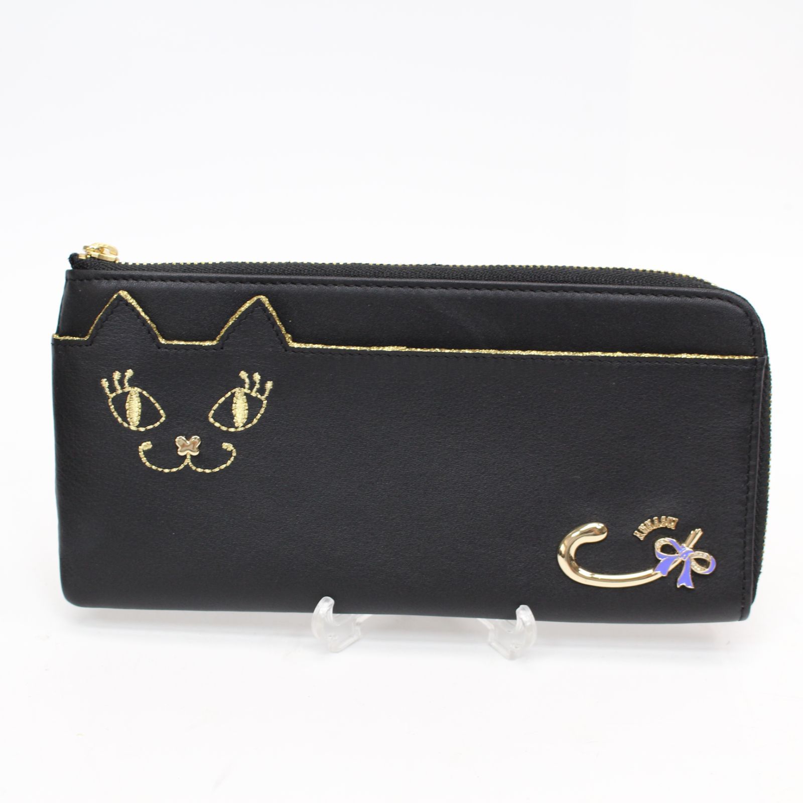 アナスイ マイティティ L字ファスナー 長財布 レザー ネコ 猫 ブラック 633)【極美品】ANNA SUI アナスイ 長財布 L字ファスナー 猫 マイティ