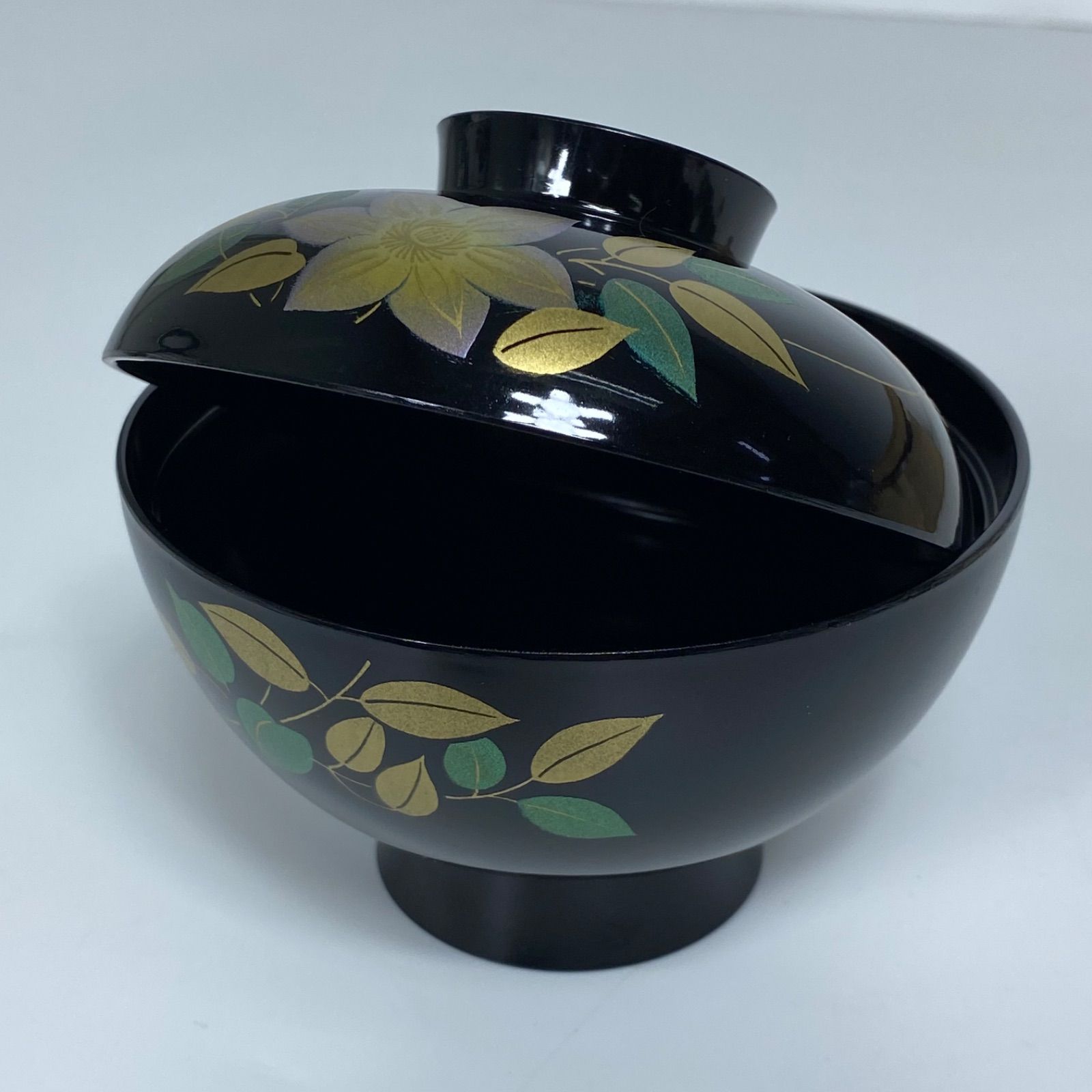 会津塗 華塗り 吸物椀 5客セット 木製漆器 共箱入り 金蒔絵 花文様 黒