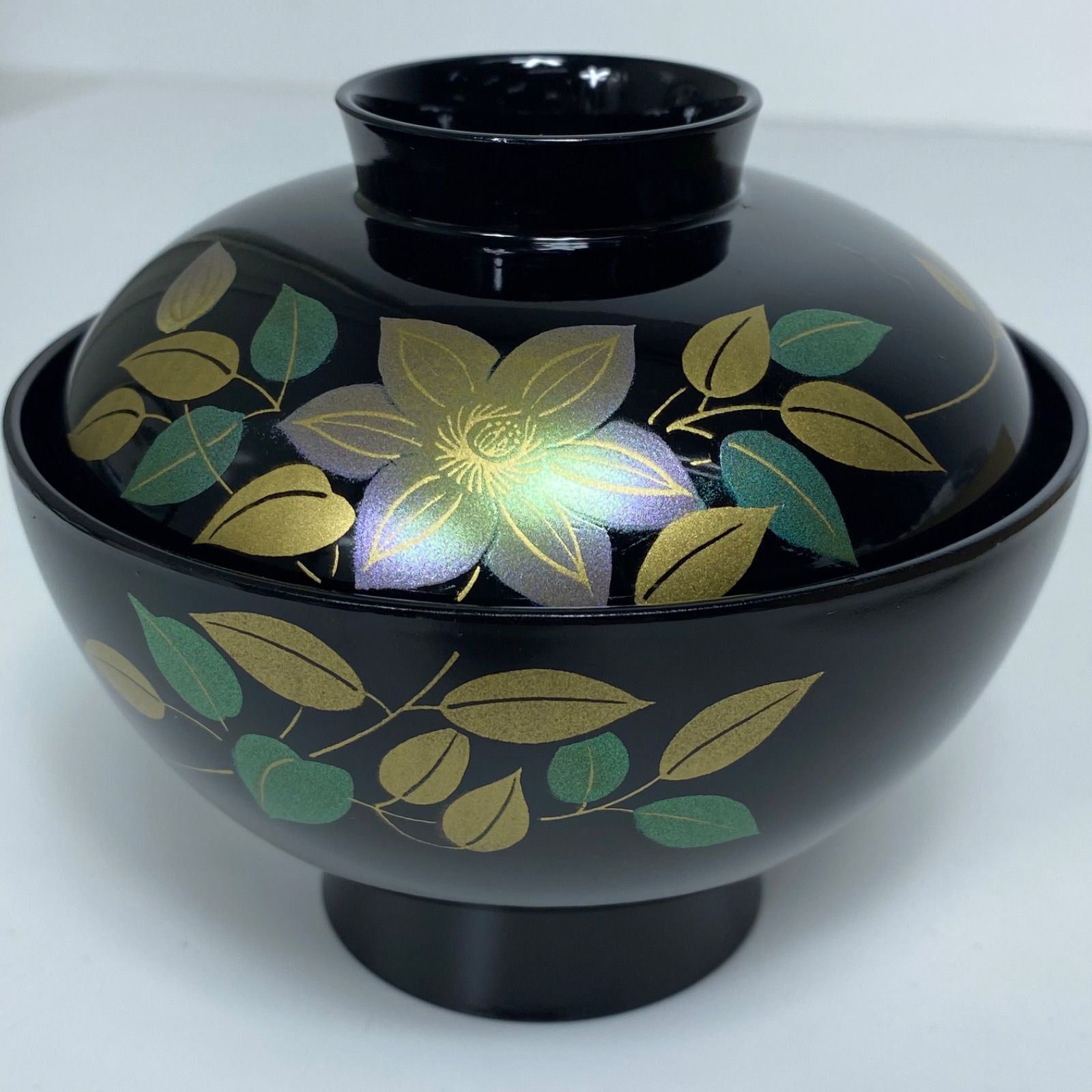 会津塗 華塗り 吸物椀 5客セット 木製漆器 共箱入り 金蒔絵 花文様 黒