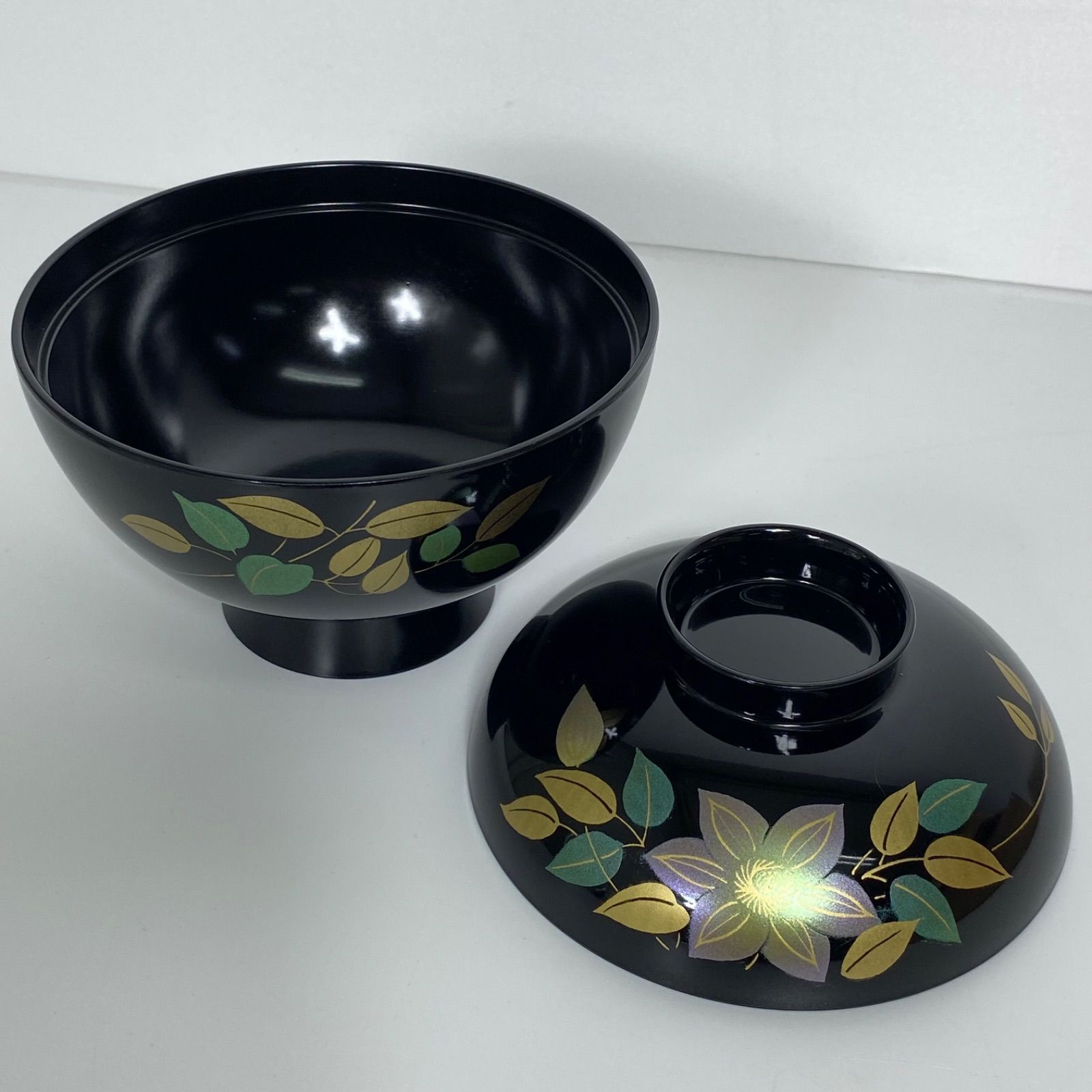 会津塗 華塗り 吸物椀 5客セット 木製漆器 共箱入り 金蒔絵 花文様 黒