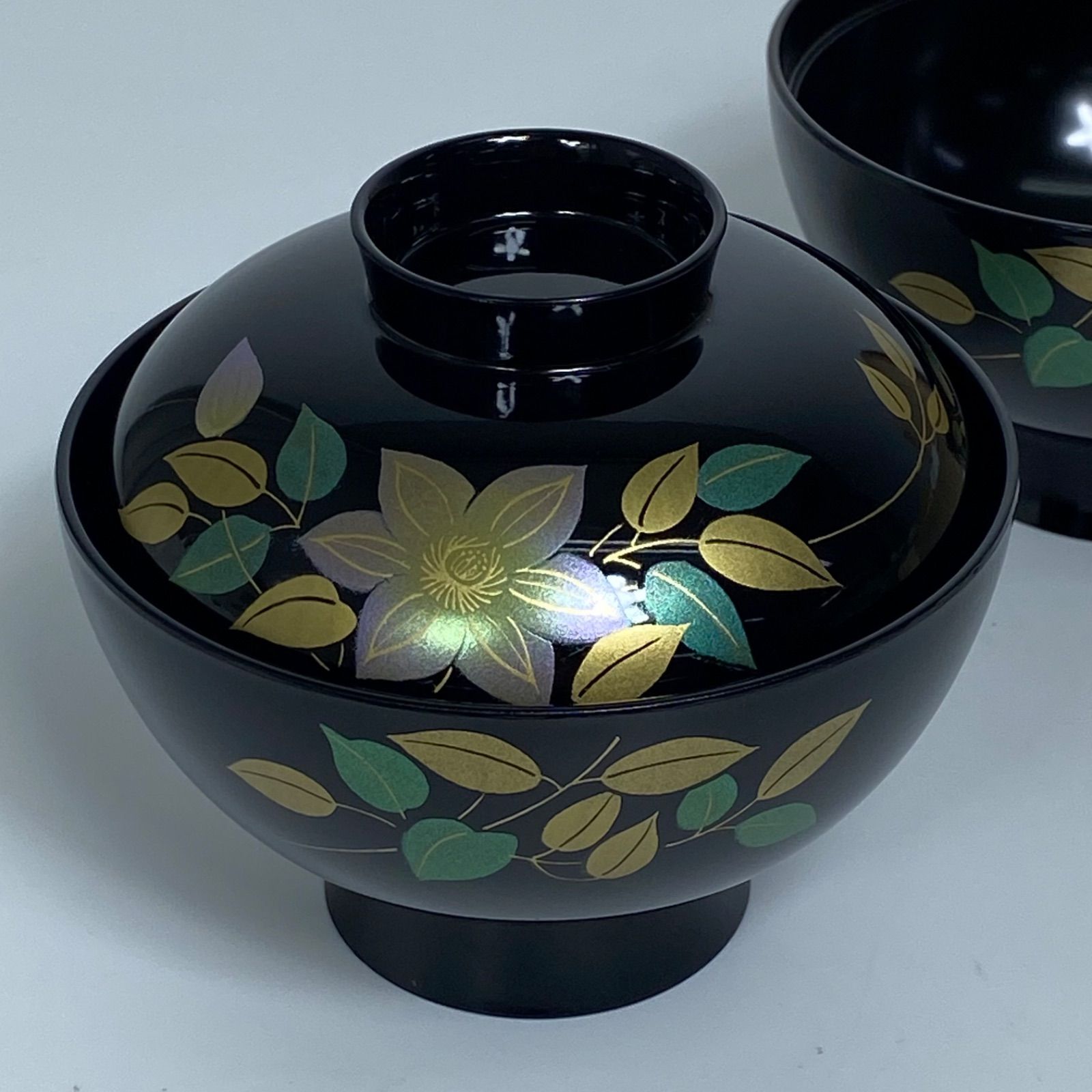 会津塗 華塗り 吸物椀 5客セット 木製漆器 共箱入り 金蒔絵 花文様 黒