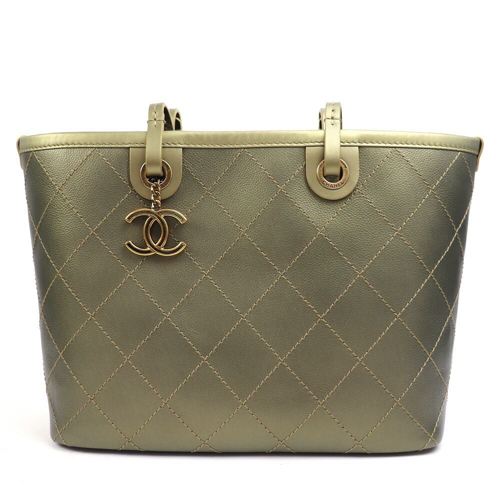 ~11 27まで シャネル CHANEL オンザロード キルティング トートバッグ カーキ キャビアスキン ショルダー ショッピングバッグ