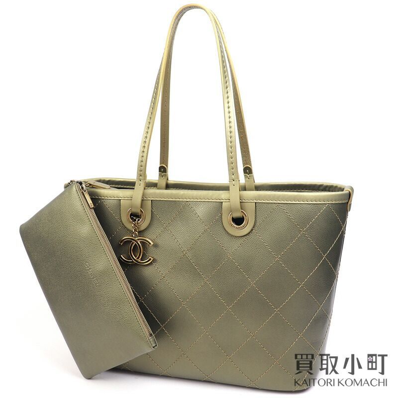 ～11 27まで シャネル CHANEL オンザロード キルティング トートバッグ カーキ キャビアスキン ショルダー ショッピングバッグ