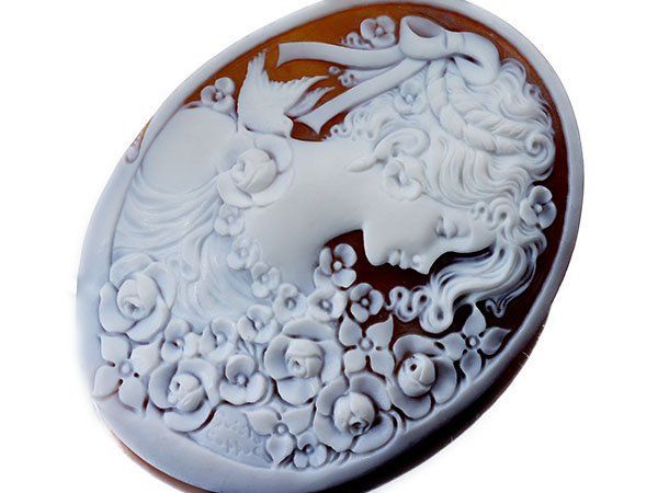 ジュエリー ディルーカ社 作家刻印有り 上品 リボンと小鳥と女性像 シェルカメオルース 74.5ｍｍ×57.0ｍｍ a2819il