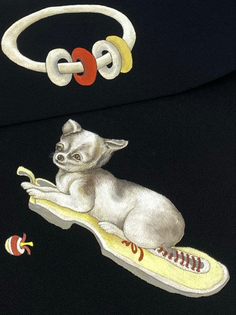 作家物 落款入 九寸名古屋帯 犬 黒地 正絹 D 112