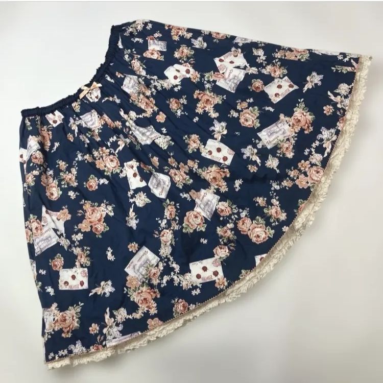 ピンクハウス ブルー バラ柄 裏地裾ピコフリル使い スカート