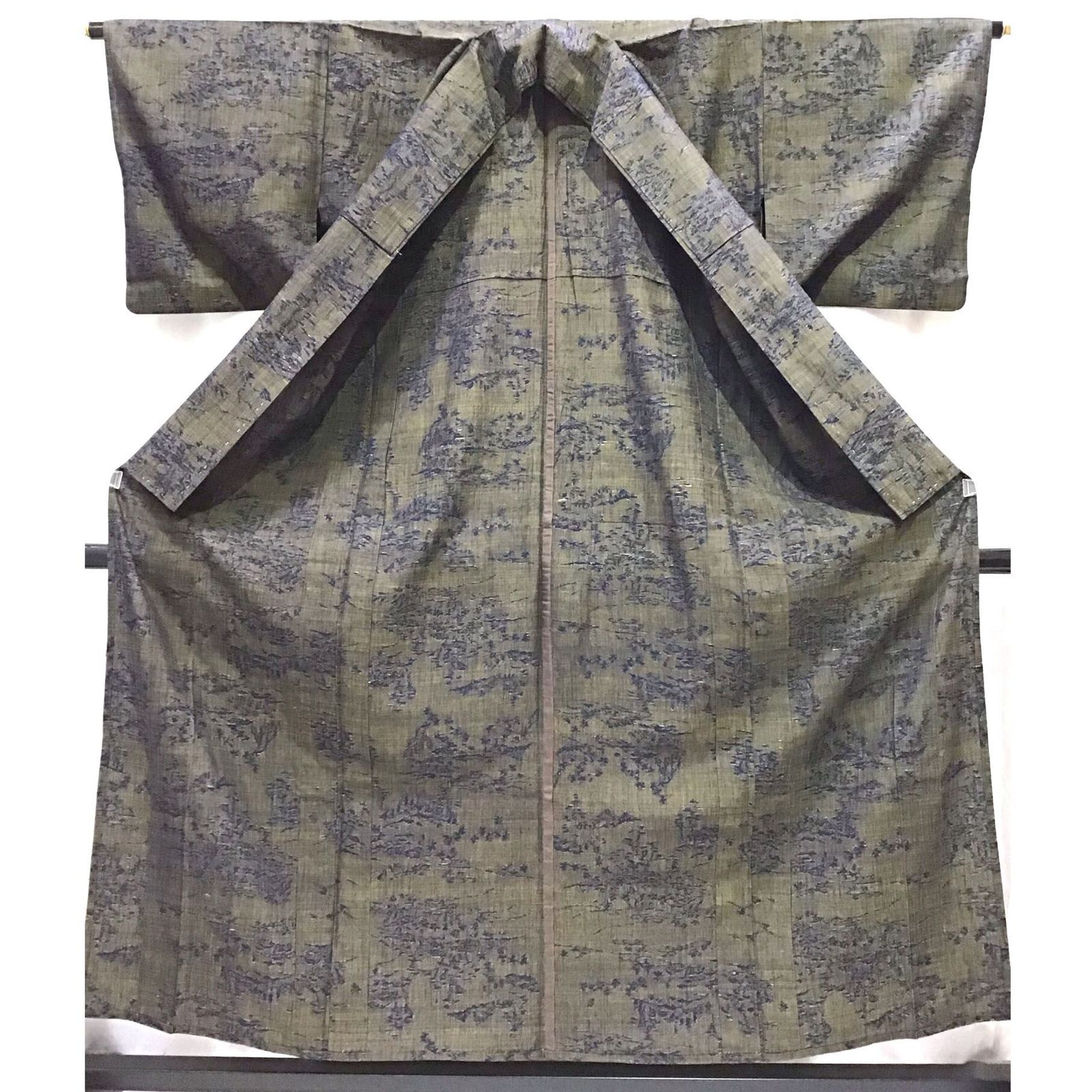 着物 紬 単衣 緑系地 No.200701-1665 梱包サイズ80