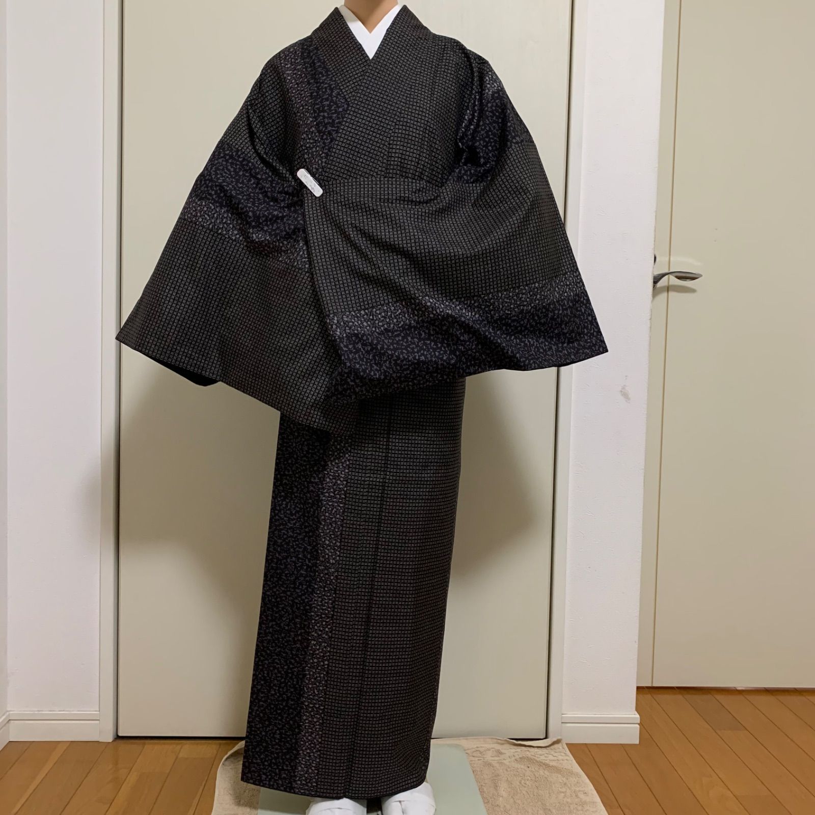 R-1476 着物 紬 絹 袷 裄71センチ 身丈 背 165センチ 大きめサイズ レディース