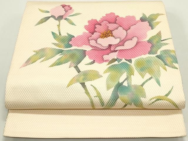 平和屋着物 太鼓柄袋帯 手描き 草花文 薄卵色 草色 正絹 ob