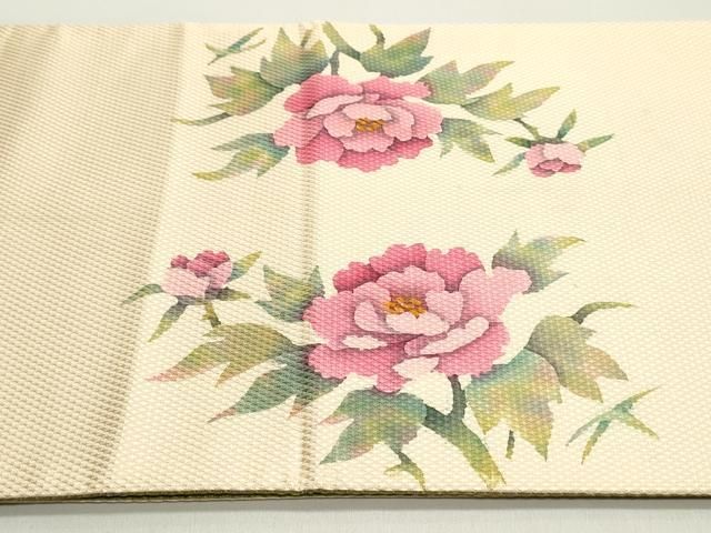  平和屋着物 太鼓柄袋帯 手描き 草花文 薄卵色 草色 正絹 ob 袋帯 帯