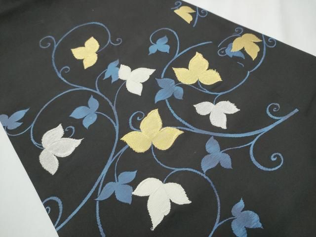 平和屋着物 九寸名古屋帯 すくい織 蔦の葉文 黒地 金糸 正絹 hy