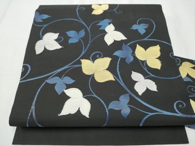 平和屋着物 九寸名古屋帯 すくい織 蔦の葉文 黒地 金糸 正絹 hy