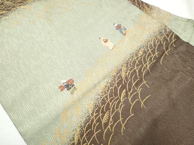 平和屋着物 九寸名古屋帯 人物 すすき文 金糸 正絹 hy