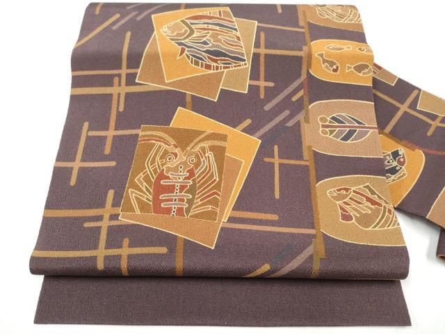 平和屋着物 全通柄 九寸名古屋帯 色紙重ね文 魚 正絹 hy