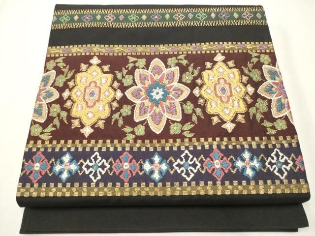 平和屋着物 九寸開き名古屋帯 唐織 横段正倉院花文 黒地 金糸 銀座越後屋扱い 正絹 hy