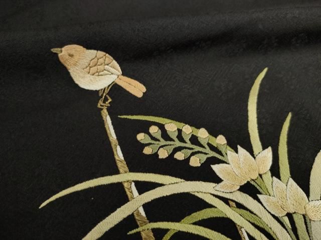  平和屋着物 ファッションデザイナー 花井幸子 訪問着 刺繍 花鳥文 黒地 正絹 ck 訪問着 付け下げ 着物