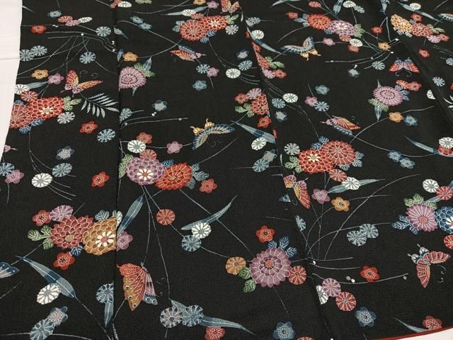  平和屋着物 上質な小紋 型染め 花蝶文 鬼しぼ縮緬 正絹 ph 小紋 着物