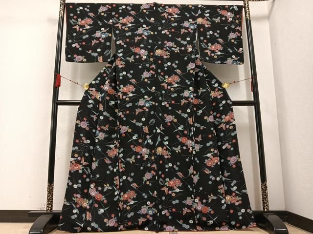 平和屋着物 上質な小紋 型染め 花蝶文 鬼しぼ縮緬 正絹 ph