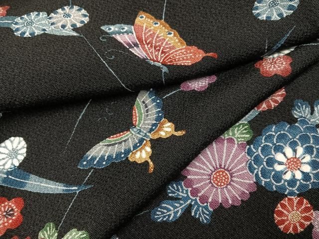 平和屋着物 上質な小紋 型染め 花蝶文 鬼しぼ縮緬 正絹 ph