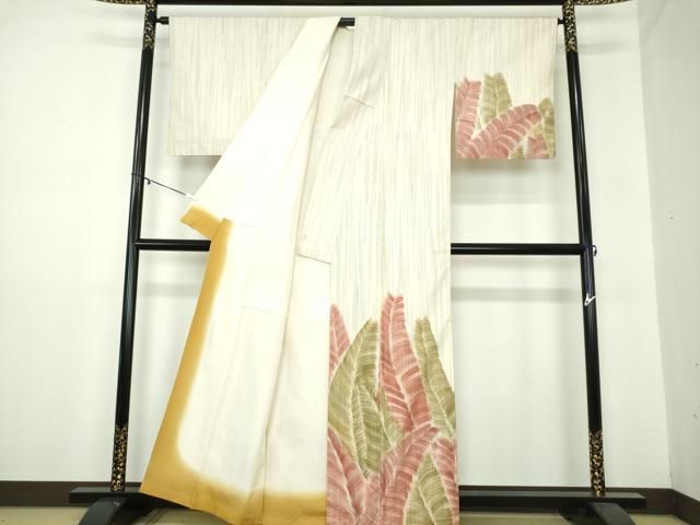 平和屋着物 訪問着 紬地 手描き 草葉文 正絹 ps