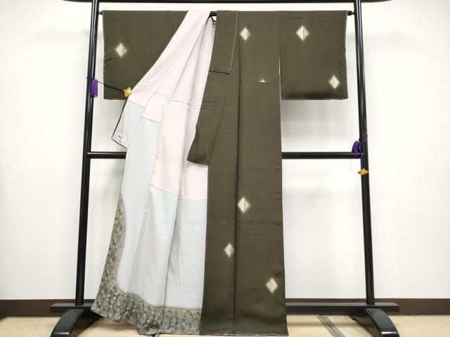 平和屋着物 上 十日町 名門青柳謹製 訪問着 絞り 刺繍 花菱文 媚茶色地 金糸 やまと誂製 s 5