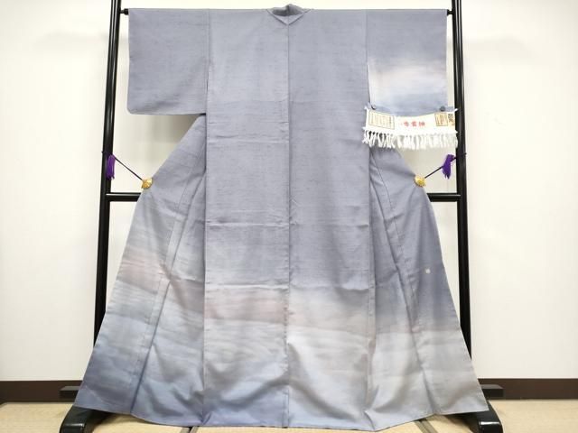 平和屋着物 上 石川県指定無形文化財 牛首紬 白山工房 手織り 訪問着 霞文 薄鼠色地 証紙付き s 5