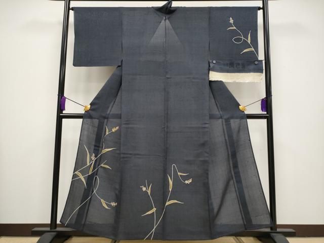 平和屋着物 上 夏物 本場絹芭蕉 訪問着 竹屋町刺繍 枝花文 濃紺地 反端付き s 5