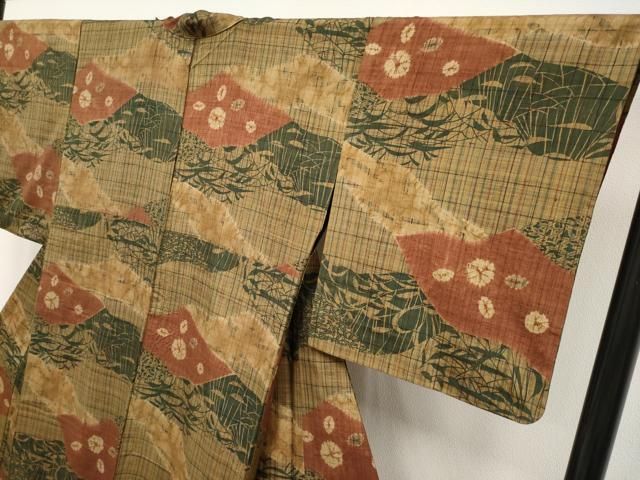 平和屋着物■極上　伝統工芸士　七代目　吉澤与市　紬　単衣　絞り　草木文　逸品　CYAA3514s5 平和屋着物□極上 伝統工芸士 七代目 吉澤与市 紬 単衣 絞り 草木文