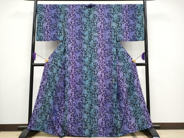 平和屋着物 上 小紋 更紗花唐草文 黒地 銀彩 s 5