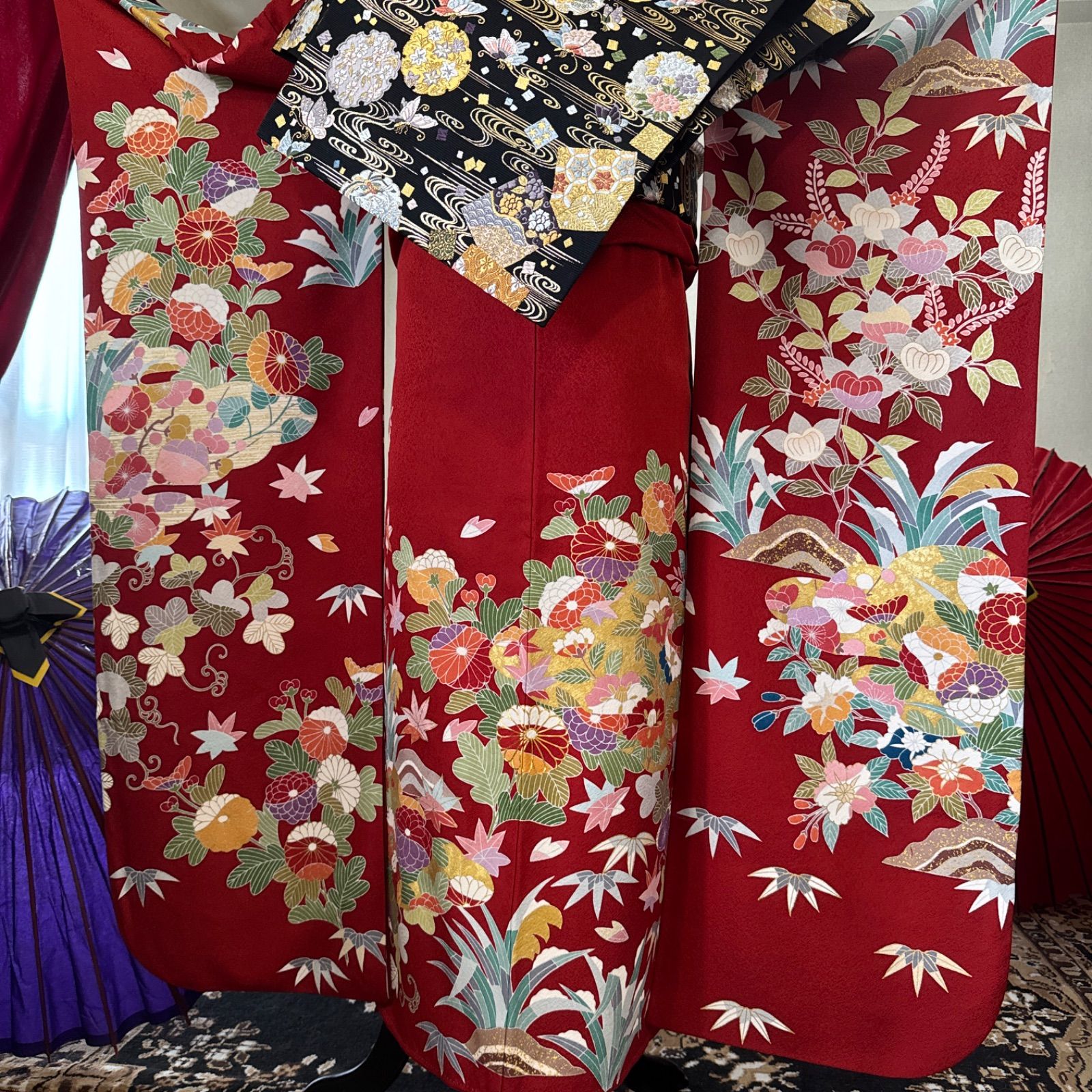 振袖フルセット(8点)・金駒刺繍・銀通し・金彩加工・鹿の子柄・正絹 正絹 豪華 振袖フルセット・古典柄・金駒刺繍・共八掛・金銀彩・箔・赤