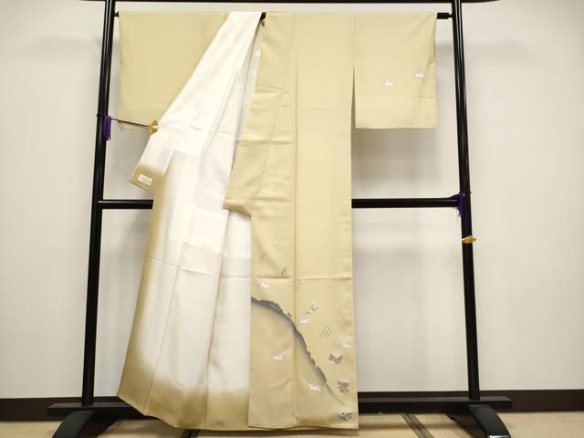 平和屋着物 上 手彫木版染 佐伯武晴 訪問着 紬地 跳兎 月 やまと金ラベル 薄黄色地 s 5