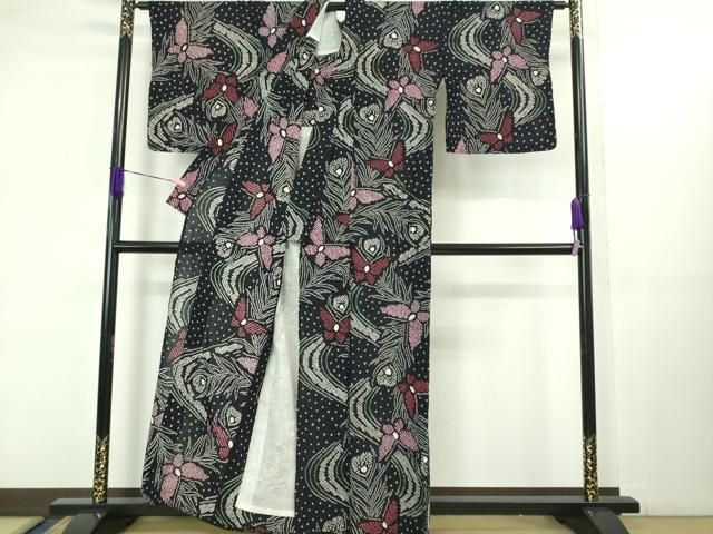 平和屋着物 上 夏物 浴衣 有松鳴海絞り 舞蝶文 黒地 綿 kh 5