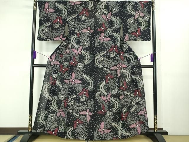 平和屋着物 上 夏物 浴衣 有松鳴海絞り 舞蝶文 黒地 綿 kh 5