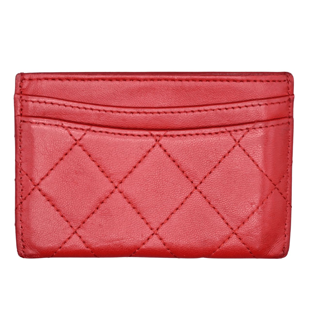 CHANEL シャネル カードケース パスケース ラムスキン キルティング レッド 金具シルバー 15番台 16672