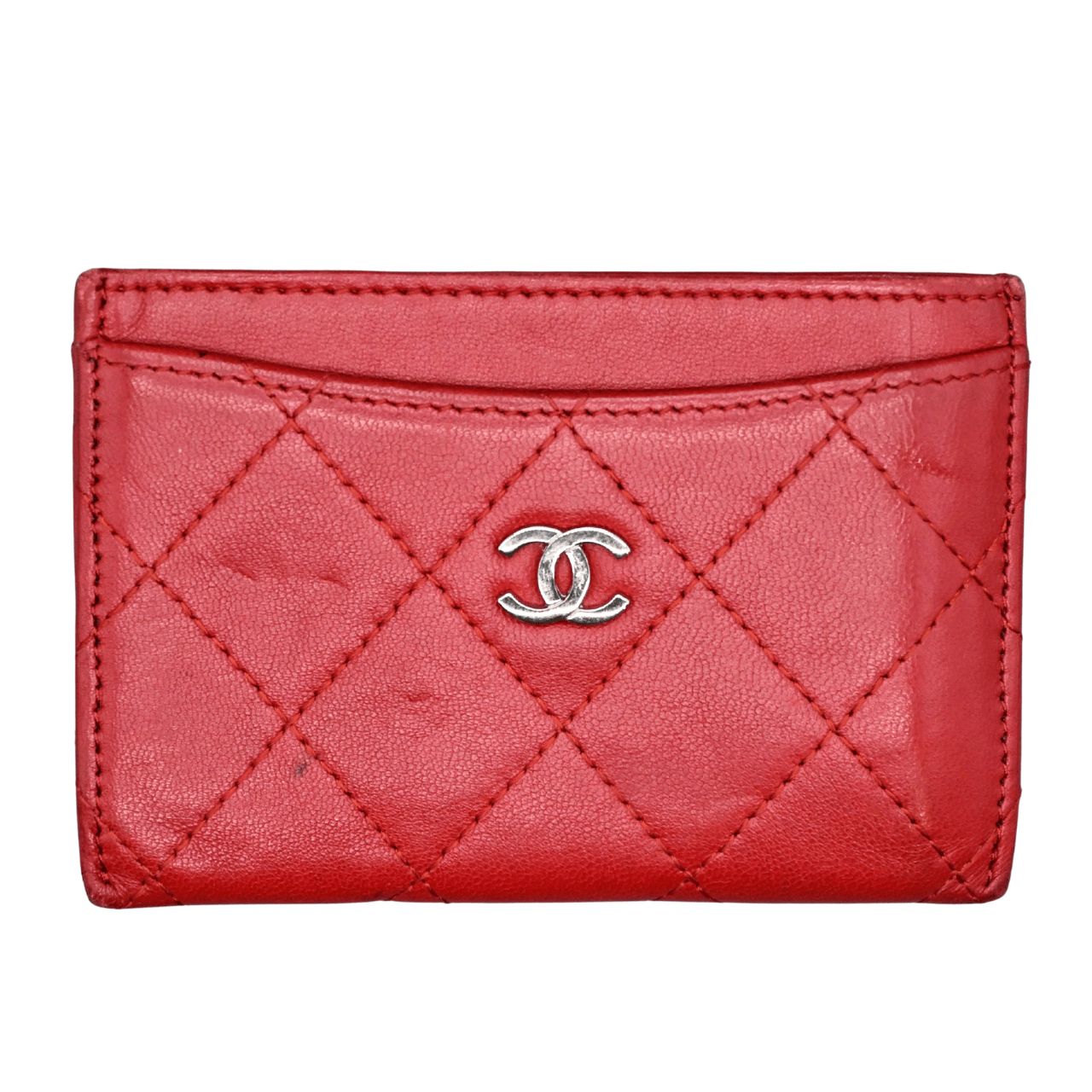 CHANEL シャネル カードケース パスケース ラムスキン キルティング レッド 金具シルバー 15番台 16672