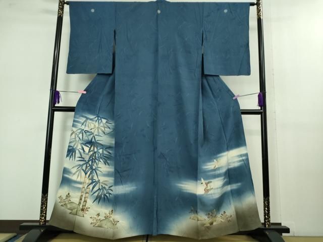 平和屋着物 上 アンティーク 大正ロマン 色留袖 単衣 手描き 刺繍 笹竹に雀 暈し染め kh 5