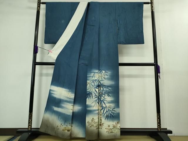 平和屋着物 上 アンティーク 大正ロマン 色留袖 単衣 手描き 刺繍 笹竹に雀 暈し染め kh 5