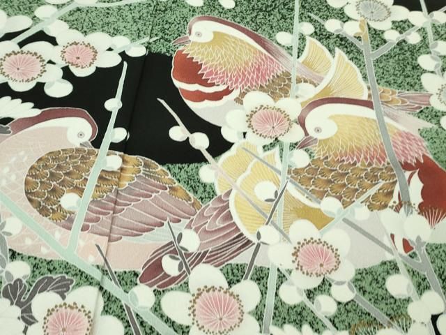 鴛鴦梅菊文 たたき染め